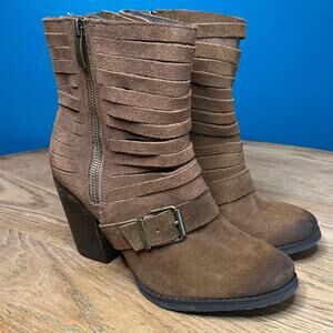 Naughty Monkey Do Re Me Booties Ankle Boots Suede Harness Brown Womenโs 8.5